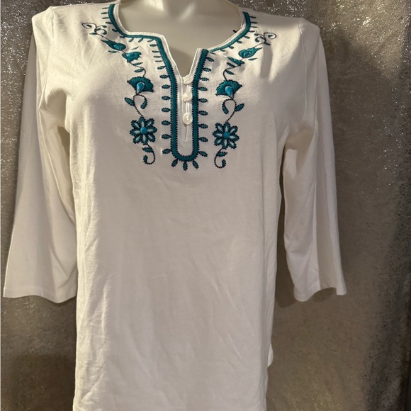 St. John's Bay White and Blue Embroidered Tunic with Mandarin Collar - Picture 2 of 6